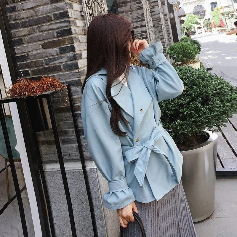 [EAM] 2019 New Spring Solid Color PU Leather Coat Slim Short Lace Up Shrink Waist Jacket Women Fashion Tide LA940