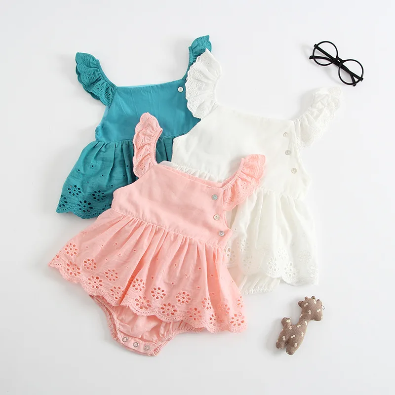 

Baby Bodysuits Summer Baby Clothes Newborn 2018 USA Cotton Skirt Floral Sleeves Blue Pink White Dress Bodysuit