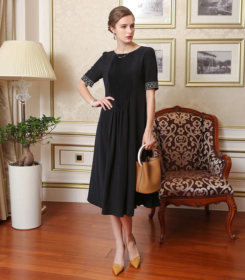 VOA Silk Embroidery Plus Size 5XL dress women party woman night summer dresses Black Half Sleeve Slim clothes A7607