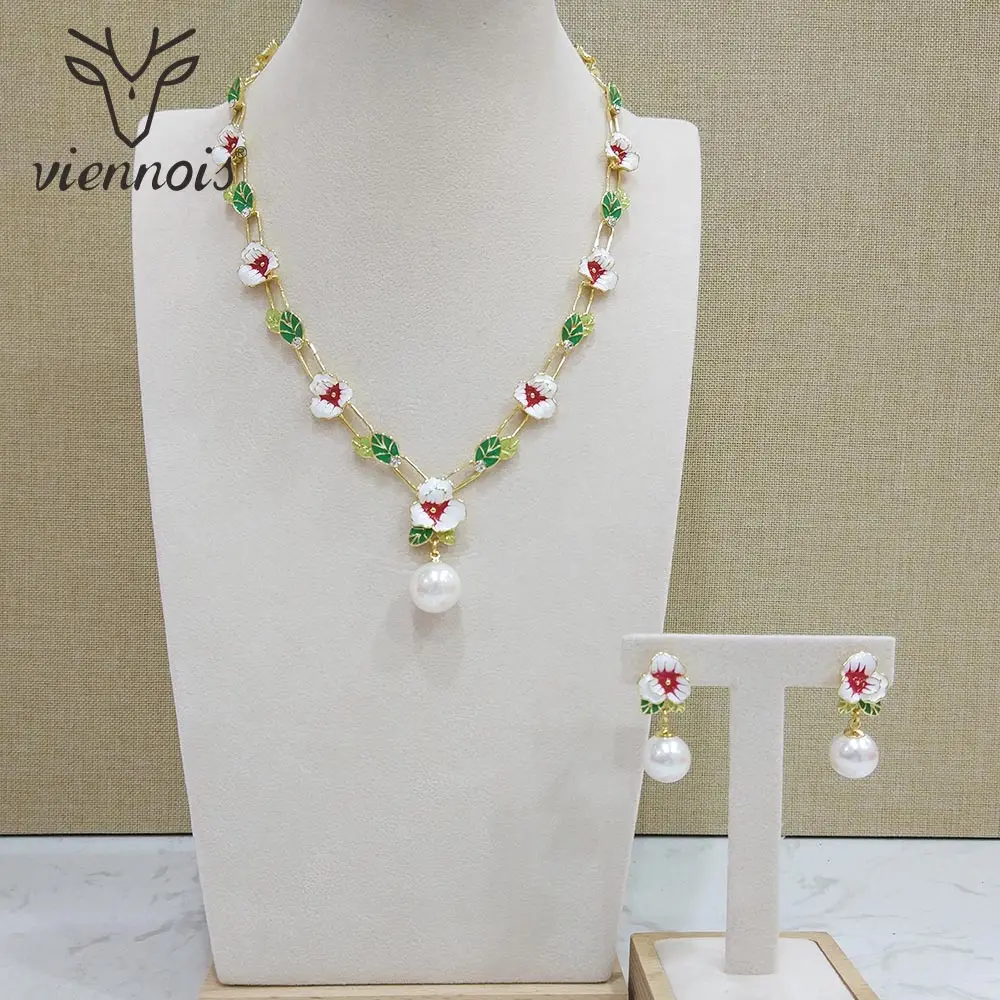 

Viennois New Gold/Rose Gold Color Flower Jewelry Set For women Simulated-pearl Earrings Necklace Set Party Jewelry Set
