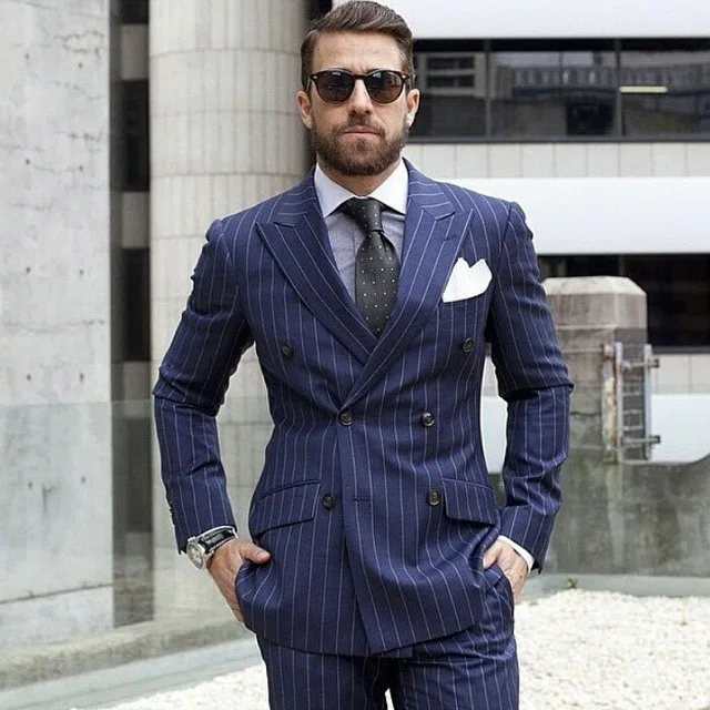 Navy Blue Man suit Double Breasted Pinstripe Men Suits For