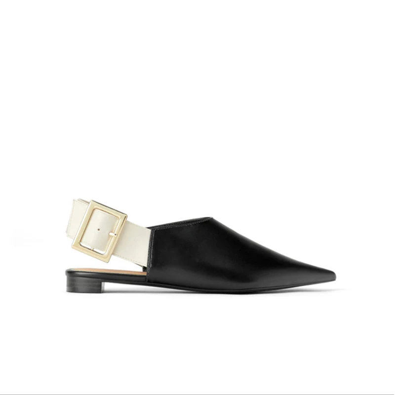 

Luxury Brand Designer Solid Black Women Flats Pointed Toe Back Strap With Belt Buckle Party Shoes