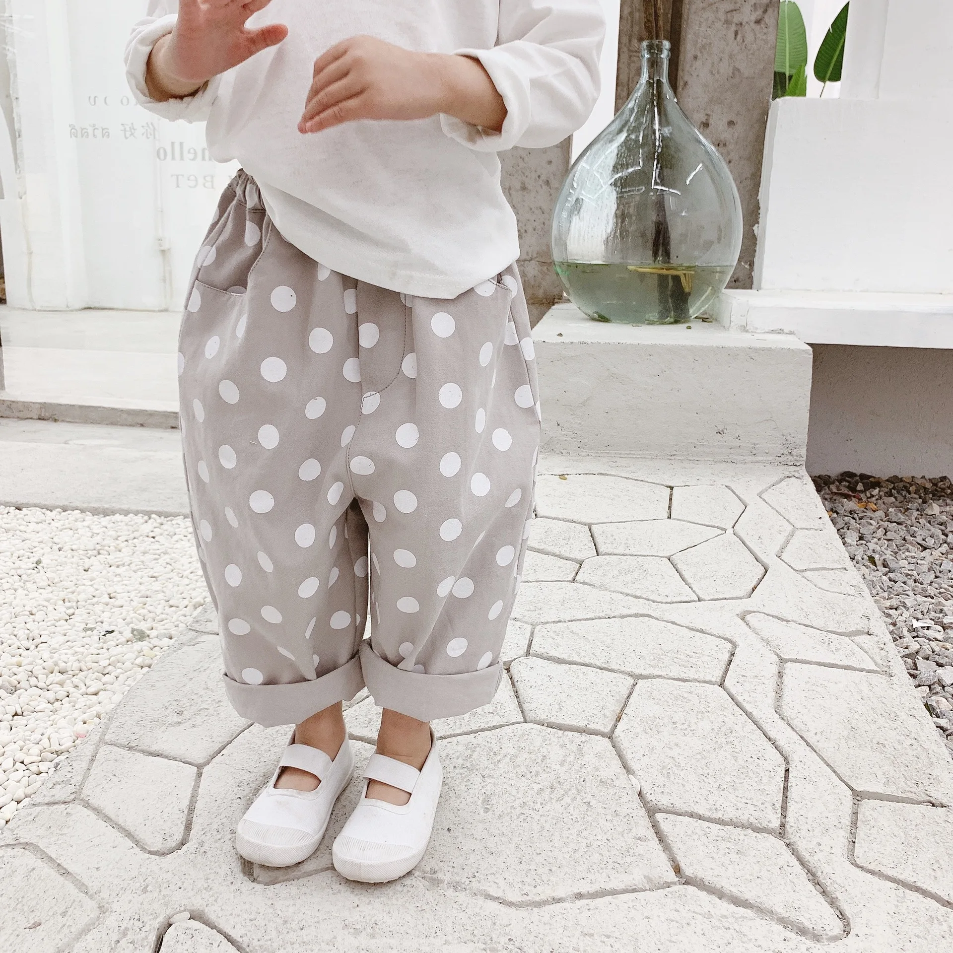 

Spring Cute Baby Girls High Waist Dot Printed Casual Pants 1-4 Years Children Cotton Loose Harem Pants Kids All-match Trousers