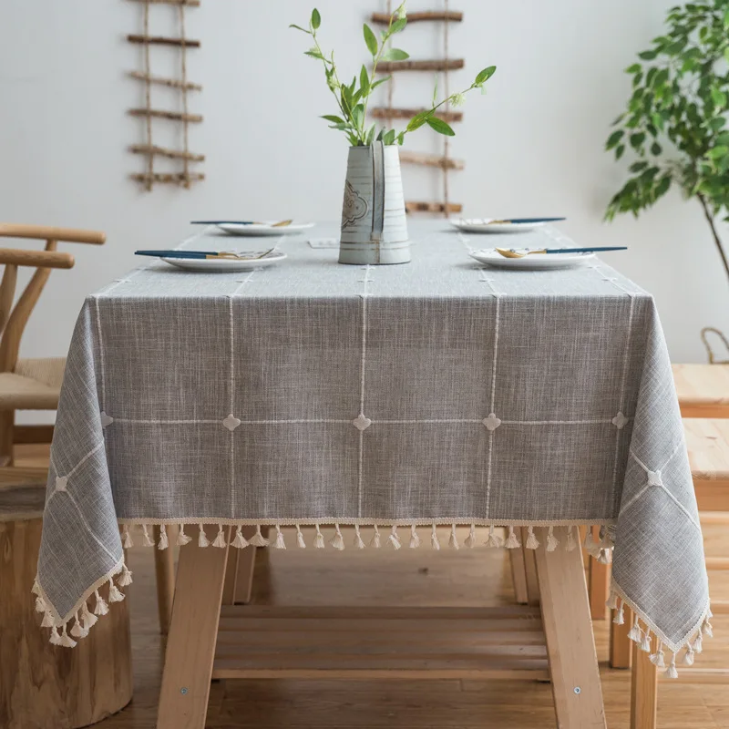 

Plaid Embroidered Simple Tablecloth Solid Color Cotton and Linen Small Fresh Fabric Tassel Rectangular Coffee Table Table Mat