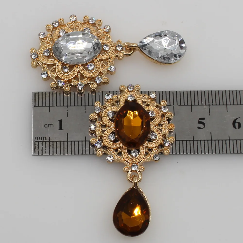 Mini Flower Brooch with Crystal Button Gold Flatback Wedding Wine Glass Ornament Decoration Crafts Scrapbooking 25x45mm 10PCs