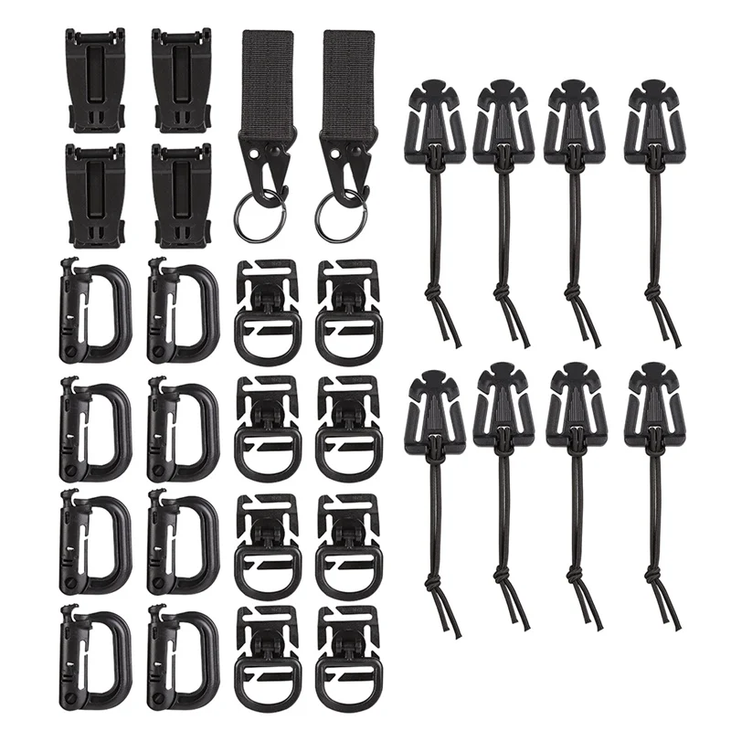 

30Pcs/set ABS Black Tactical Carabiner Gear Clip Buckle Strap D-ring Hook Keychain Strap Molle Backpack Webbing Attachment