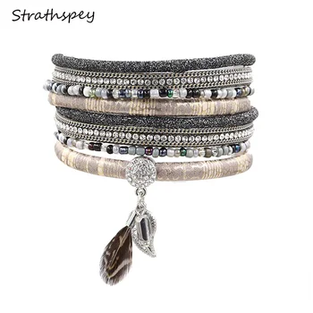 

multilayer leather bracelet with feather bohemian beaded bracelets rhinestone leaf pendant wristband pulsera cuero