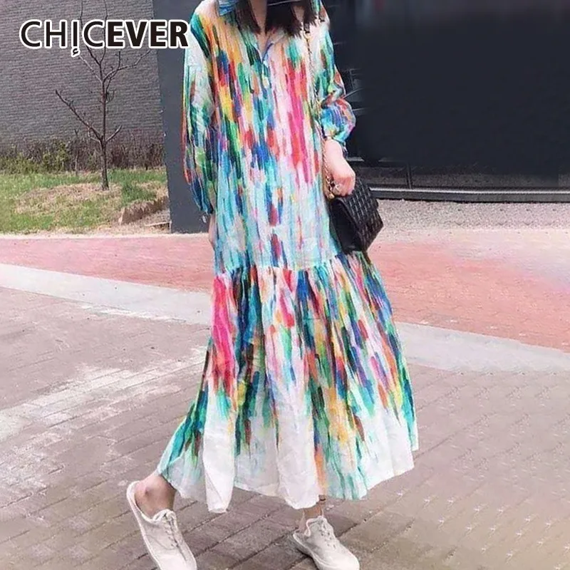 

CHICEVER Elegant Colorful Dress For Women Lapel Collar Lantern Sleeve Oversized Hit Color Ankle Length Dresses Female 2019 New