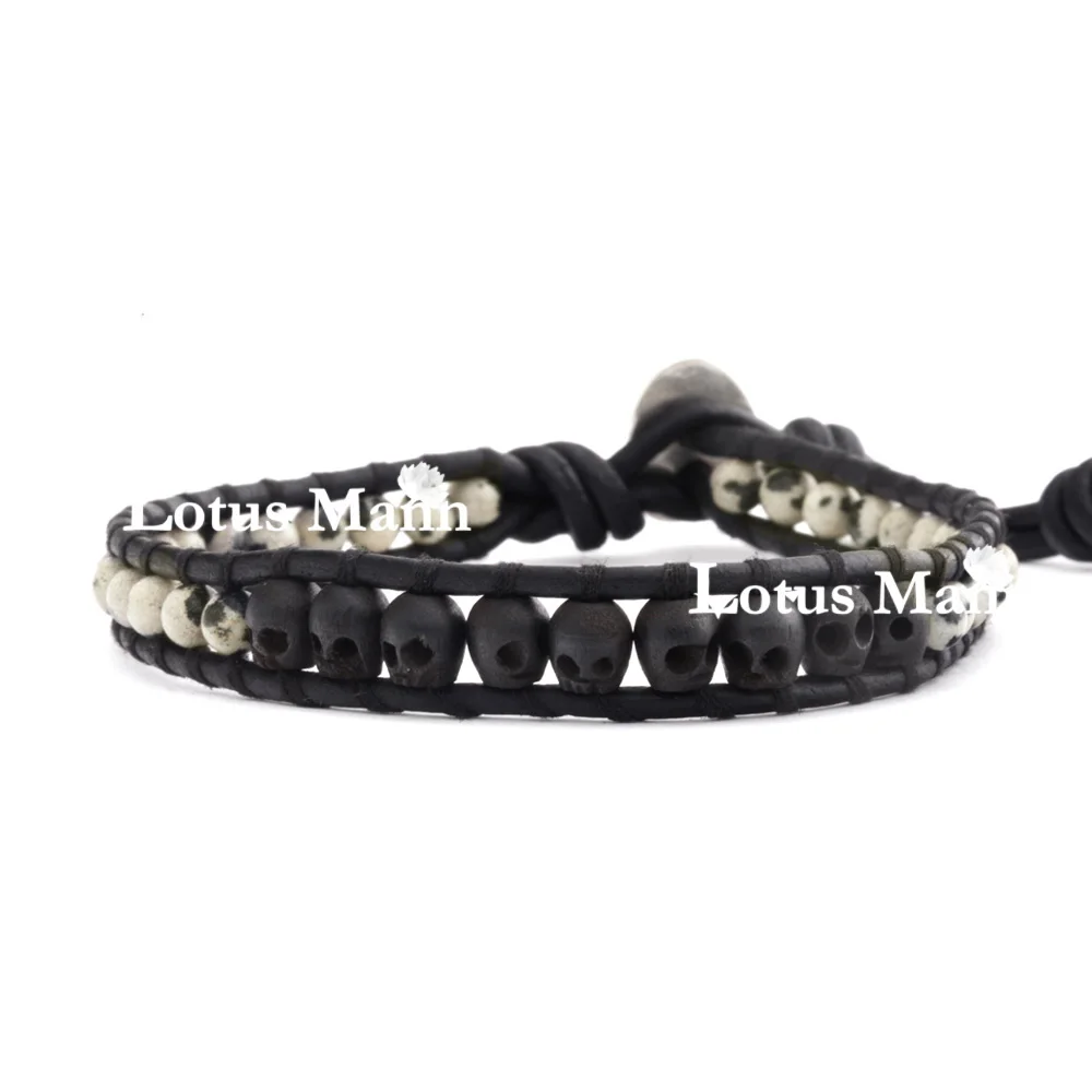 

Lotus mann lap black wooden small skulls and spot rope leather single wrap bracelets