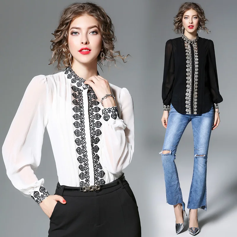 

autumn High-end Embroidery Shirt Two piece Lantern Sleeve Chiffon Shirt Patchwork lace Tops Elegant Women blouse