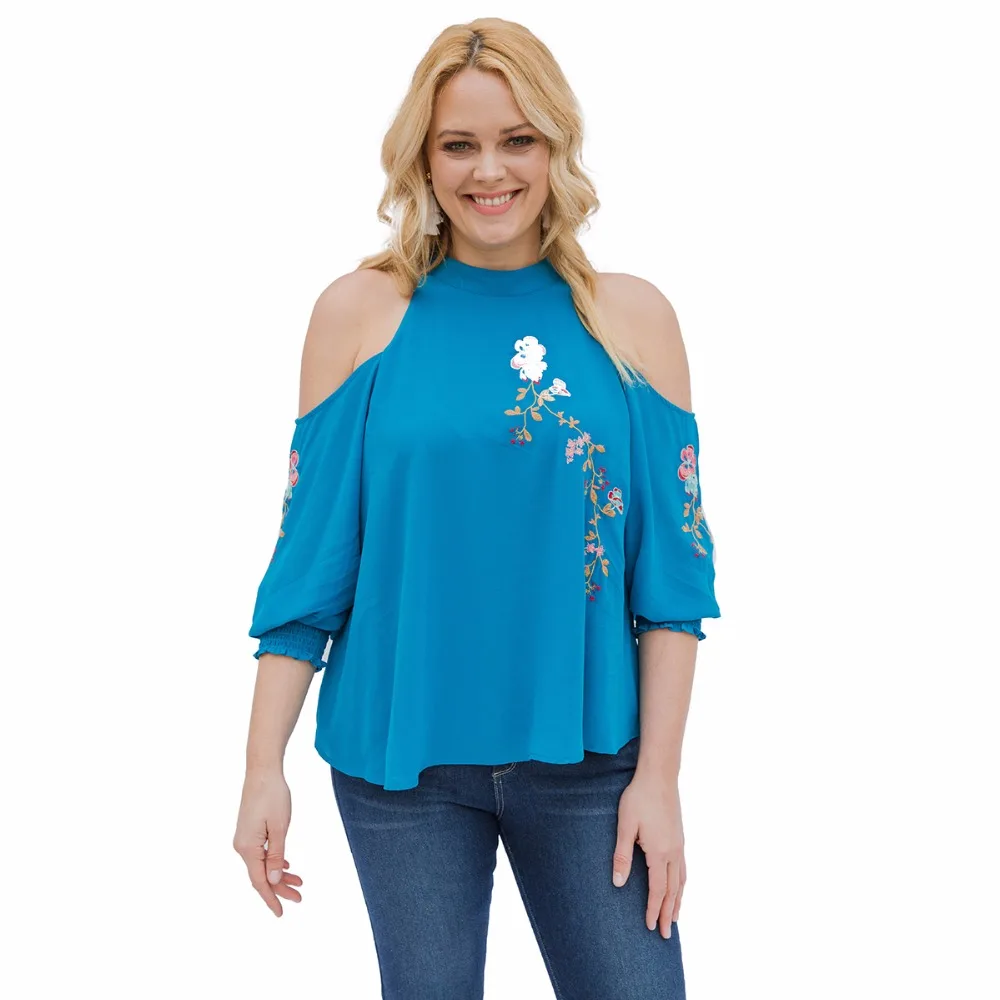 Chiffon Women Blouse Off Shoulder Half Sleeve Flower Embroidery Summer Shirts Casual Ladies Blusas Top TO0323 |