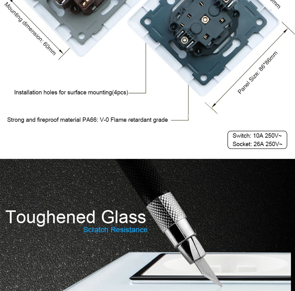 Wallpad EU German Standard Wall Socket Power Outlet16A Crystal Glass Panel Electrical Plug With Usb 5V 2100mA Steckdose