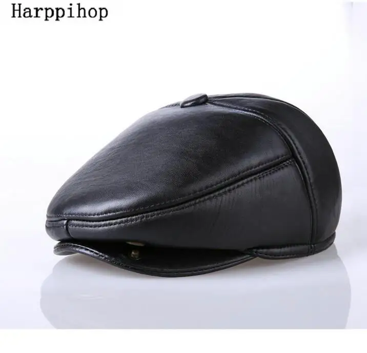 

2017 hats genuine leather men berets cap hat high quality fashion men's real leather adult striped sheepskin hats caps