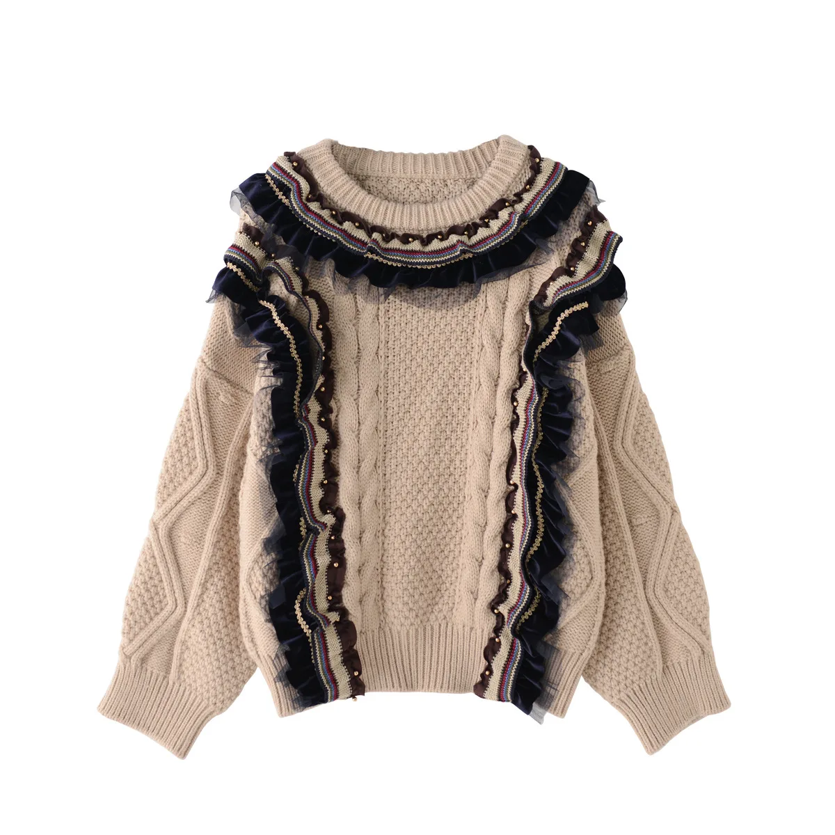 2018 Autumn Winter Women Fashion Sweaters O-neck Pullovers Ruffles Beading Thick Sweater Oversized Runaway | Женская одежда