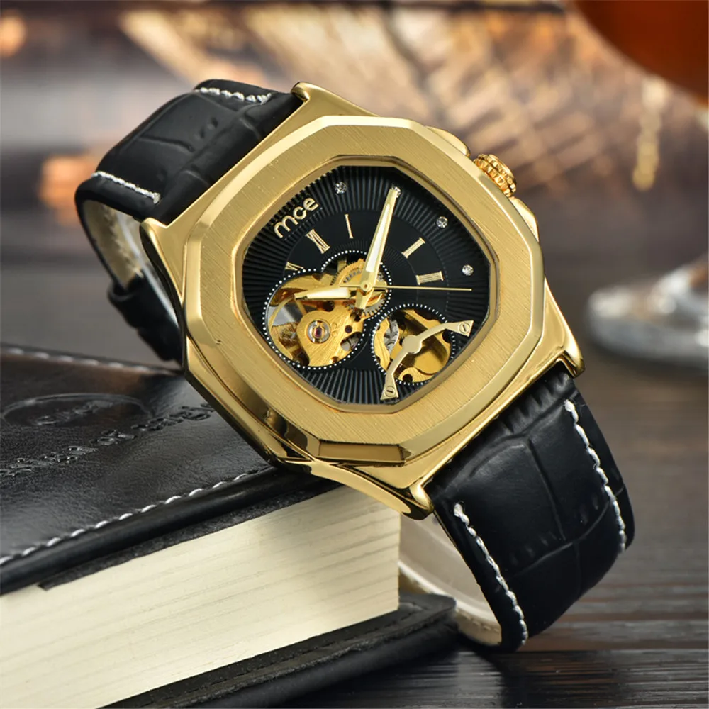 

MCE Mechanical Watch Men Skeleton Automatic Steampunk Watches Casual fashion Leather Dropshipping Wristwatch 2017 Hot Sale
