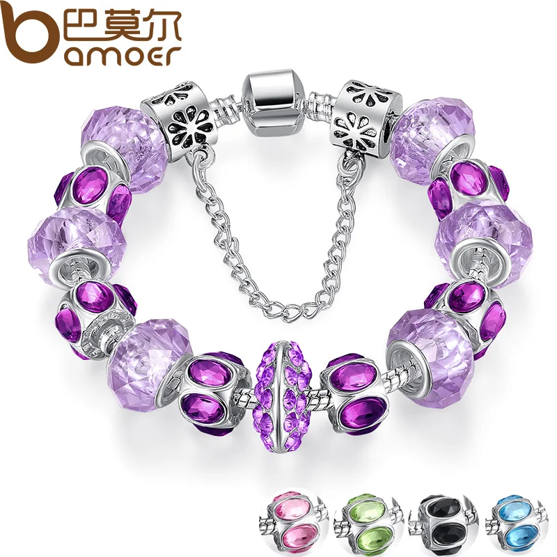

5 Colors Silver Purple Crystal Bead Charm Bracelet with Safety Chain for Women Russia & Brazil Jewelry PA1448