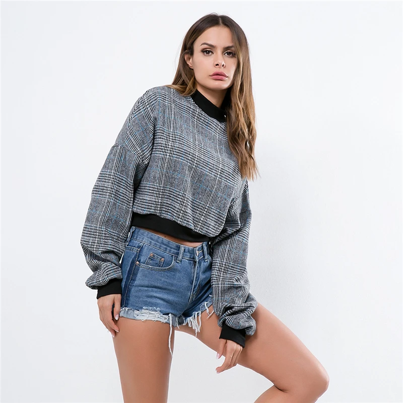Plaid Printed Hoodies Sweatshirts Harajuku O Neck Women Short Hoodie 2019 New Spring Long Sleeve Loose Pullovers Jumper Plaid Printed Hoodies Sweatshirts Harajuku O Neck Women Short Hoodie 2019 New Spring Long Sleeve Loose Pullovers Jumper