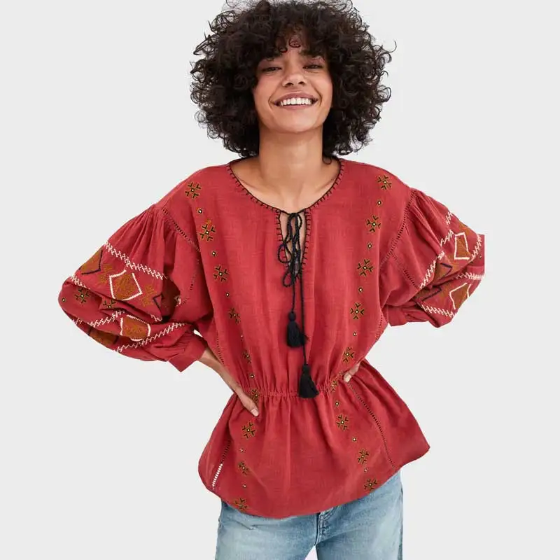 Boho Inspird Floral EMBROIDERED TUNIC shirt puff sleeves