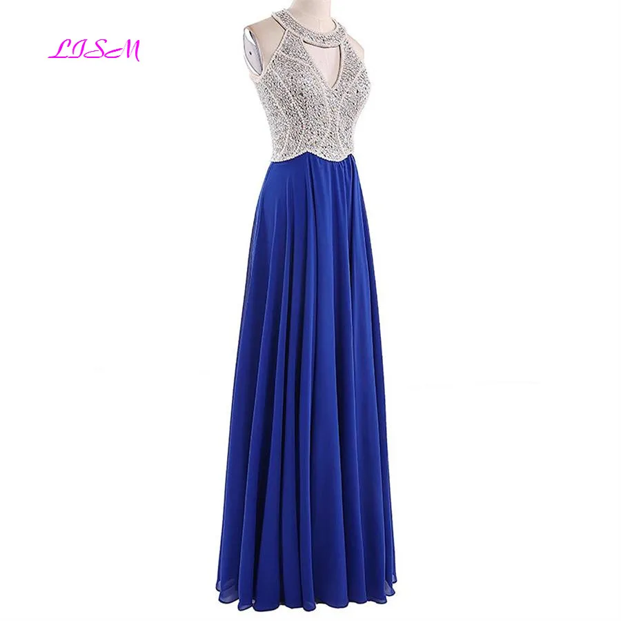 A-Line Chiffon Crystals Beaded Long Evening Dress 2019 New Custom Made Halter Sleeveless Prom Party Gowns vestido de noite