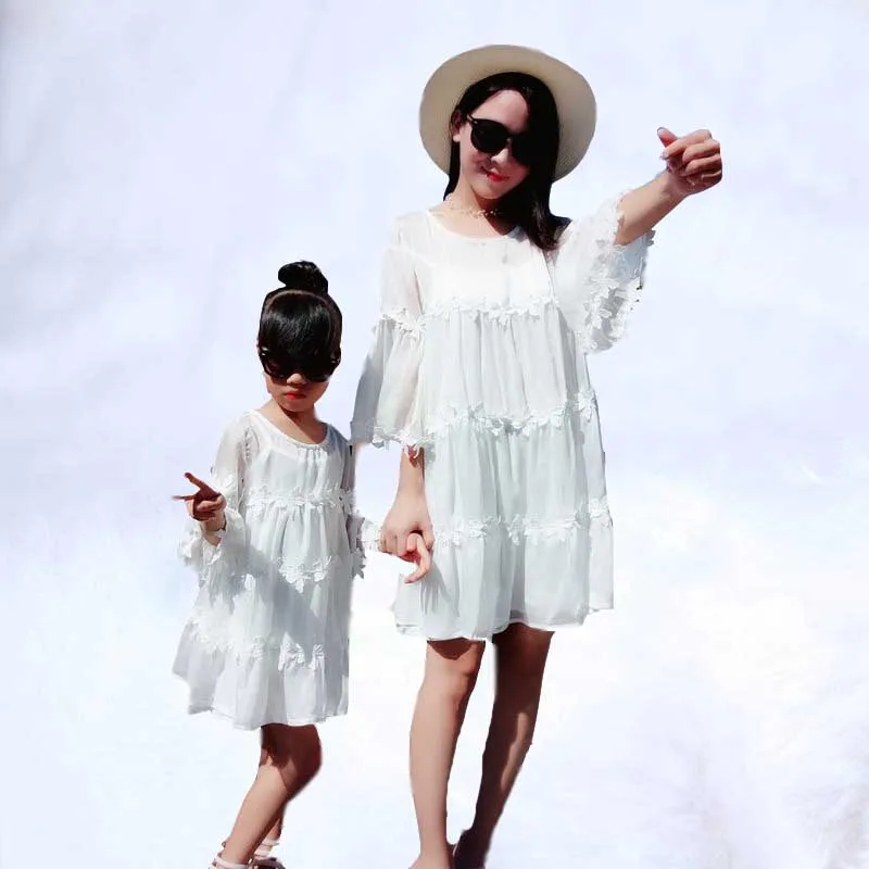 

2019 new fashion Summer Mother Daughter Dresses Bohemian White dresses mom daughter Family Matching Clothes Family Look