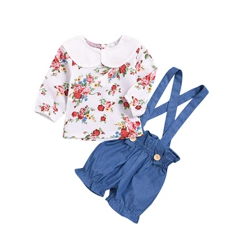 

Newborn Baby Girls Clothes Set 0-18M Print Flowers Long sleeve Doll Collar T-shirt+ Strap Jeans Pants Summer Baby Clothes Set