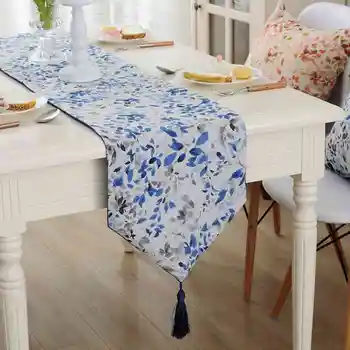 

Fashion Blue Leaves Printed Table Runner Restaurant Home Decorative Coffee Dinner Table Flag Tea Table Runner Hotel Bed Runner