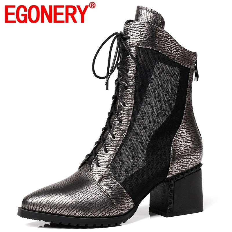 

EGONERY 2019 spring newest genuine leather and mesh pointed toe cross-tied high square heel platform zipper fashion ankle boots