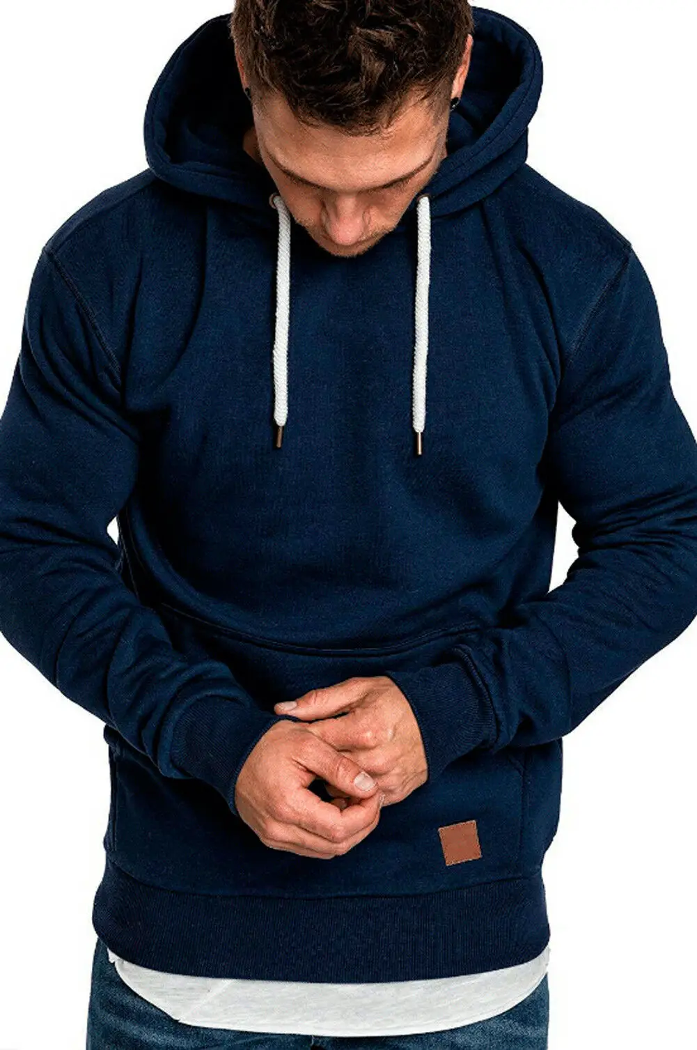 Новинка, Стильный Модный популярный мужской зимний Повседневный теплый пуловер с капюшоном и карманом, хлопковый однотонный топ с капюшоном - Цвет: Тёмно-синий