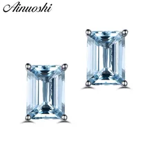 AINUOSHI 2 Carat Natural Light Blue Emerald Cut Earrings Women Engagement Square Stud Earring Anniversary Fine Jewelry Girl Gift