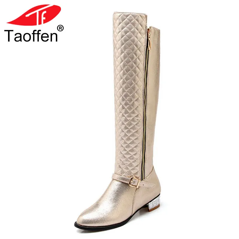 

TAOFFEN Size 34-45 Buckle Strap Women Boots Med Square Heels Winter Shoes Women Zip Knee High Boots Ladies Fashion Botas