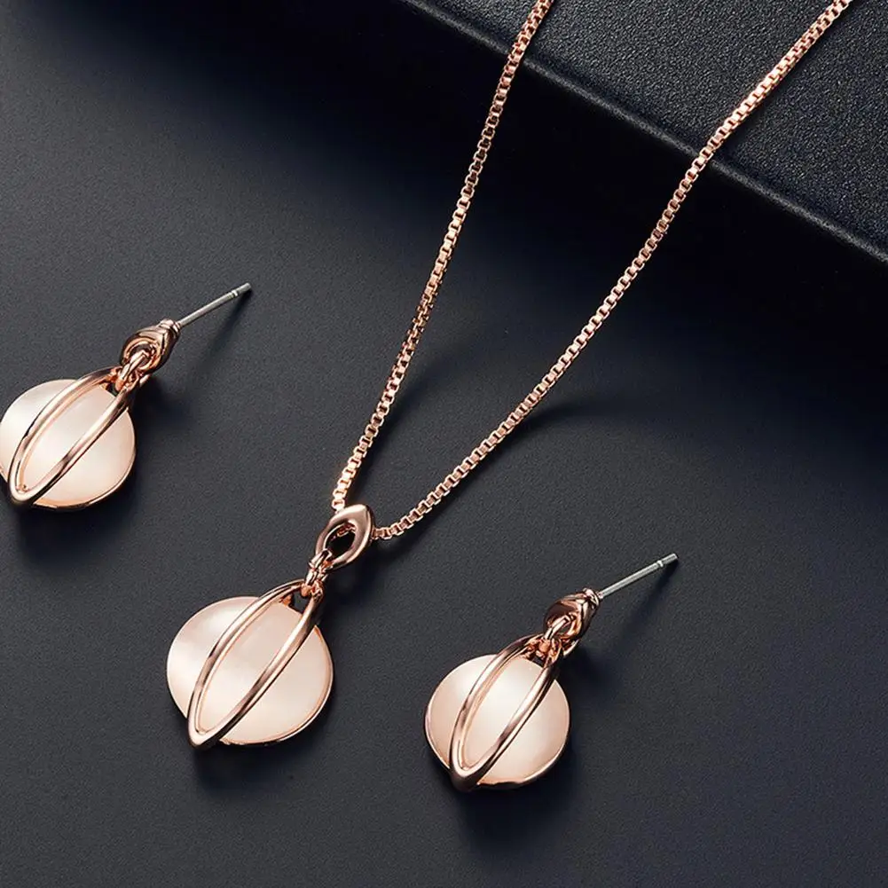 

Fashion Luxury Women Round Faux Gem Opal Cat's Eye Pendant Necklace Earrings Eardrops Jewelry Set For Lady Wedding Party Gift