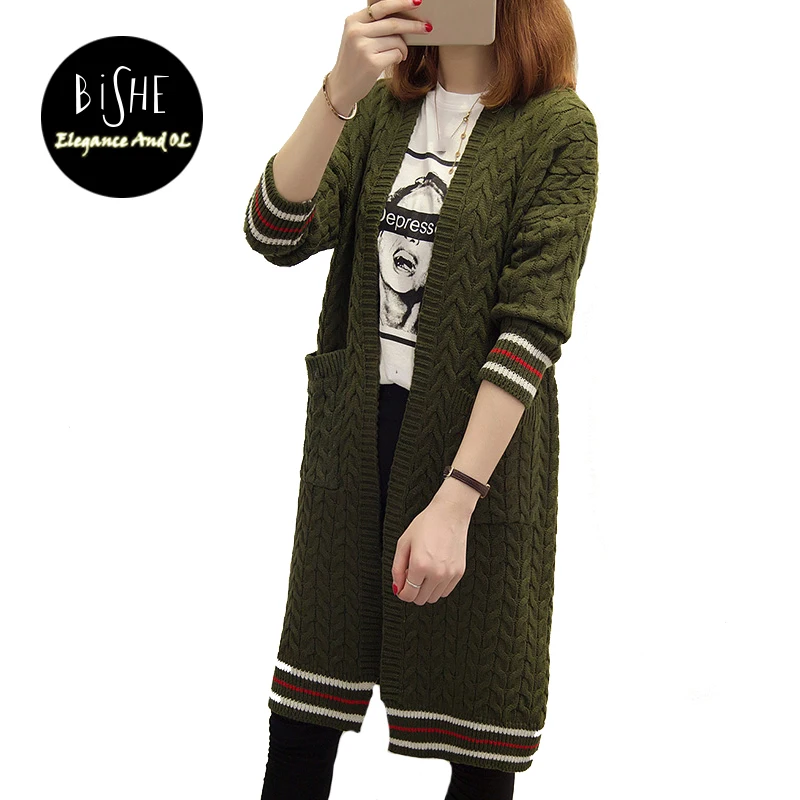BiSHE Long Cardigan Women 2017 Autumn Green Striped Female Large Cardigans Loose Sleeve Thick Kintting Sweaters |