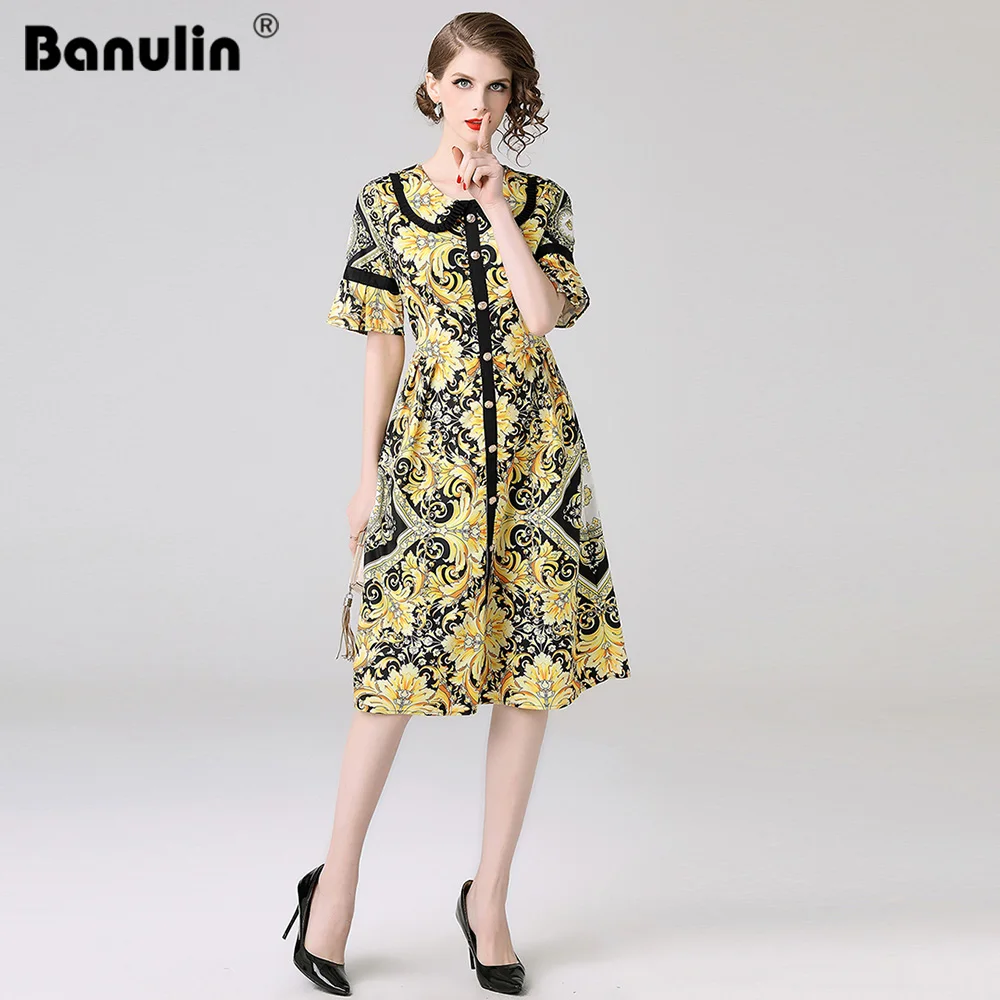 

Banulin Europe and the United States 2019 Spring Summer runway Floral dress Vintage Turn Down Neck Baroque Print Slim dress