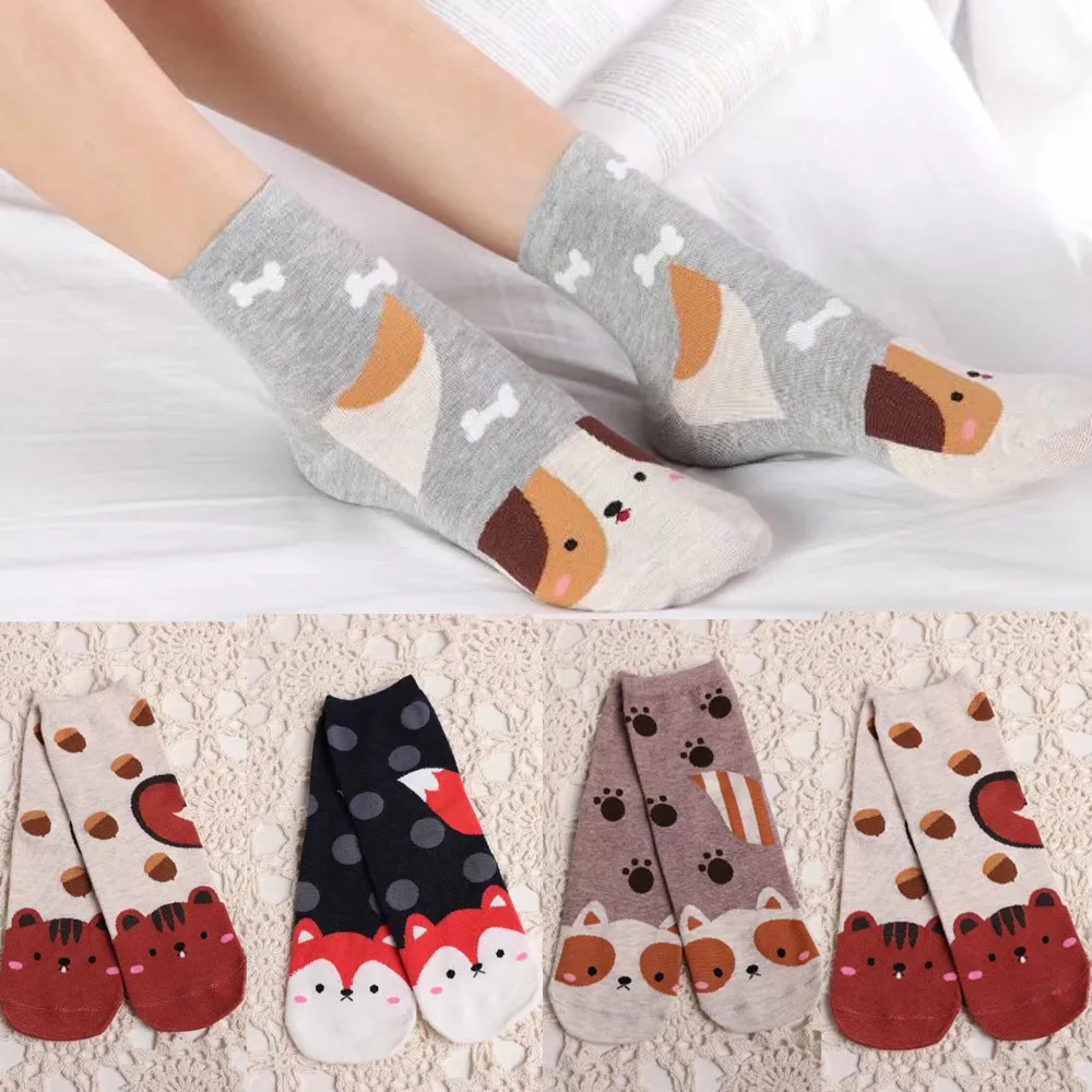 5 Colodrful One Pair Cartoon Animal Cute Cotton Socks New Women Socks Ladies Girls Cotton Autumn Warm Soft Casual Sox Short Sock