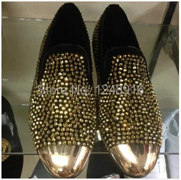 

hot selling newest bling bling gold crystal men flat shoes 2015 fashion slip-on round toe formal wedding dress shoes