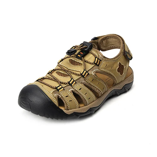 Классические летние мужские сандалии качественные мужские пляжные сандалии из натуральной кожи Летняя обувь с защитой от пятки - Цвет: khaki