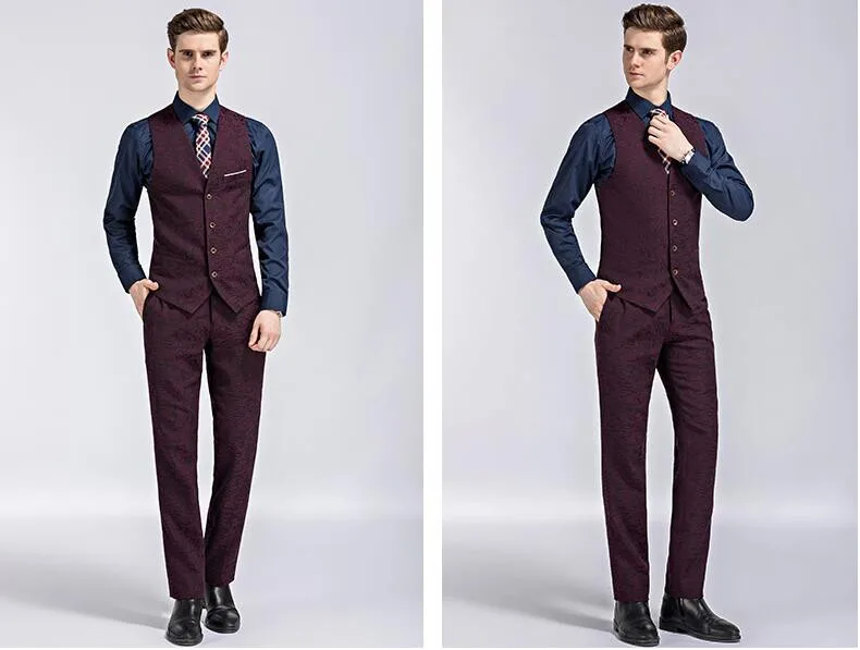 High Quality Burgundy with Darkstripe Wedding Suits Groom Wear Tuxedos Groomsmen Best Man (Jacket+Pants+vest) Business Suit