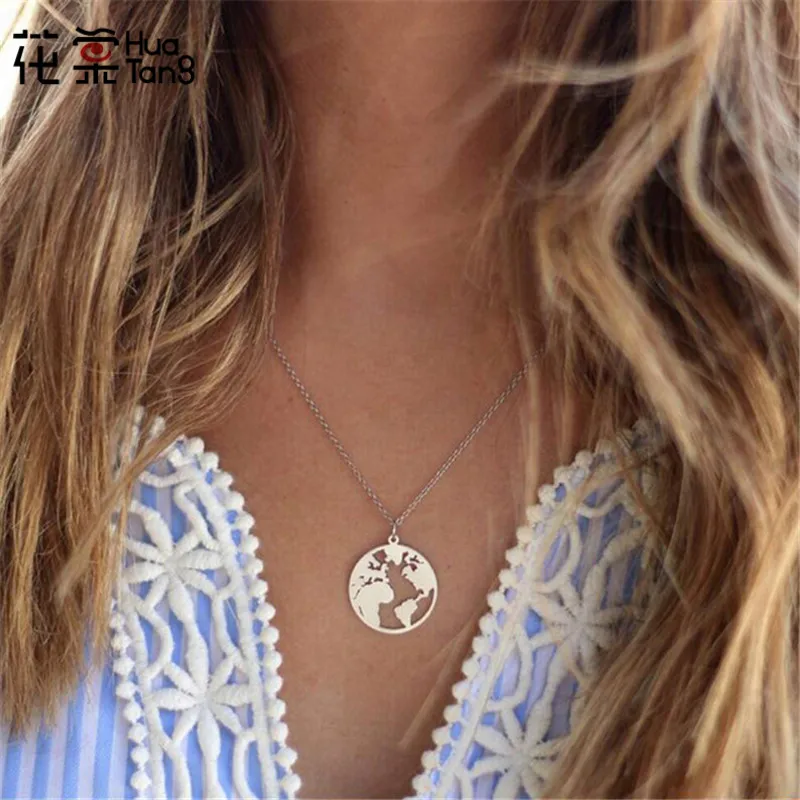 

HuaTang Trendy Silver Bohemian Beach Style Charm Necklace Creative Map Pendant Choker Necklace Fashion Woman Jewerly 2608