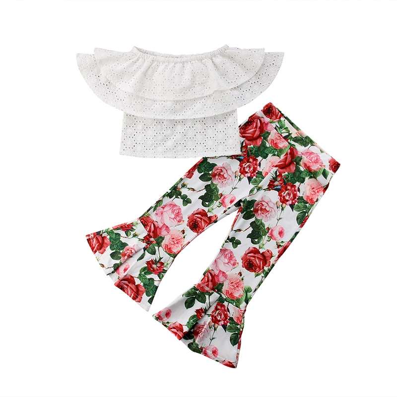 

2PCS Toddler Kids Girl Clothing Set Summer Off shoulder Lace Crop Tops White+Floral Flare Pant Bell-bottom Children Clothes