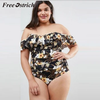 

Free Ostrich Hot Sales Plus Size Women Off Shoulder Printed Fashion Push-up Padded Ruffles Bathing Swimwear One-piece Suit