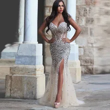 Promi Kleider für Verkauf 2016 Vestidos De Festa Curto Sexy Slit Kristalle Plus Size Abendkleid Meerjungfrau