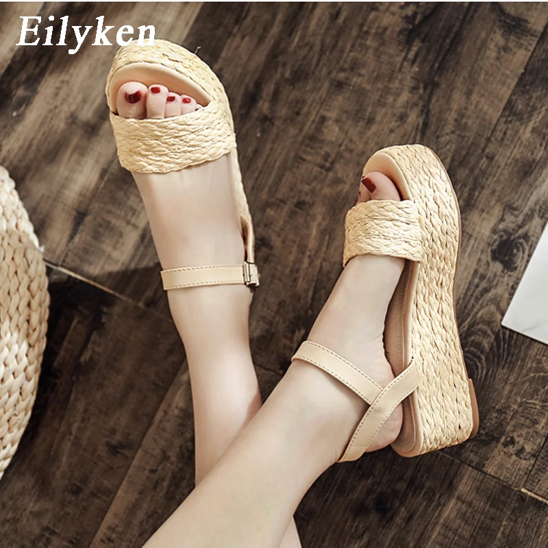 

Eilyken New Wedges High heel Sandals shoes Woman Rome Buckle Strap Pumps Straw Hemp Rope Platforms Sandals Women
