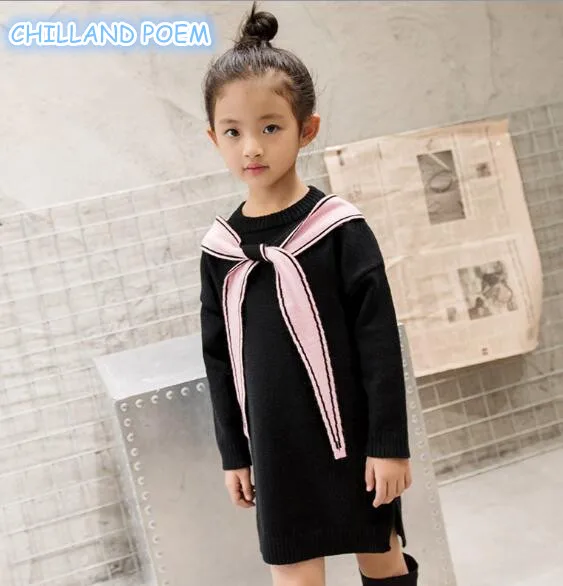 

2017 spring winter girls dress knit sweater girls clothes cartoon woolen blended soft children clothes girls costume dress 2-11Y