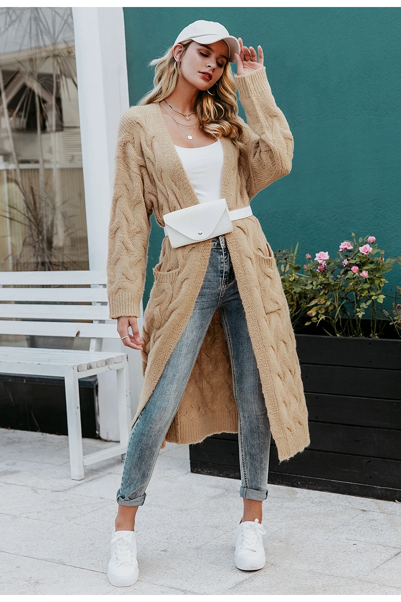 Khaki Knitted Long Cardigan Sweater