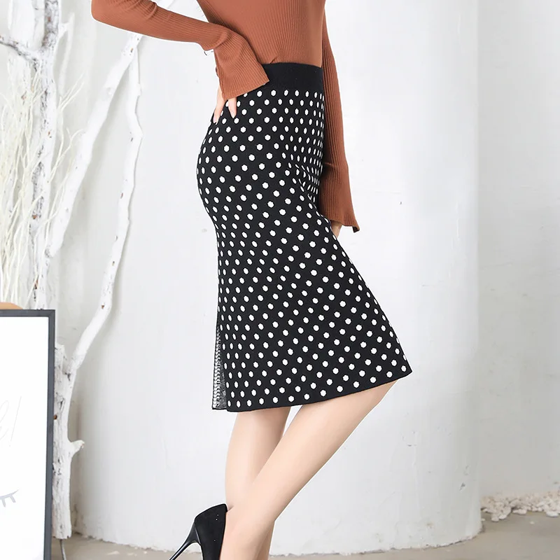 

Autumn Winter Sweet Fashion Dot Print Office Lady Pencil Skirt Back Split Elastic High Waist Knitted Elegant Women's Midi Skirt
