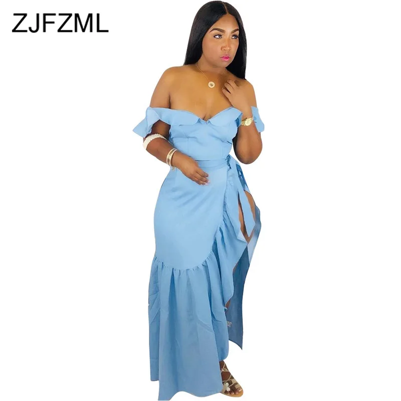 

Ruffles Spliced Sexy 2 Piece Outfits For Women Off The Shoulder Backless Crop Top And Side High Split Maxi Skirt Matching Sets