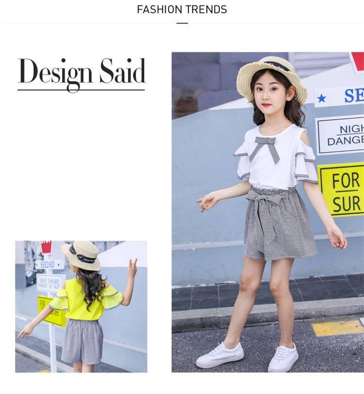New Casual Teenage Girls Clothing Summer Fashion Bow Ruffle Sleeve Shirt Plaid Shorts Kids Clothes Set 2pcs Korean Children Suit (1)