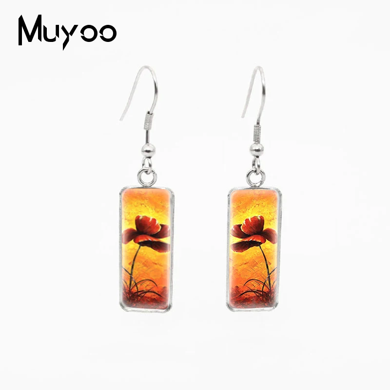 Vintage Red Flowers Paintings Rectangle Fish Hook Earrings Charming Flower Jewelry Stainless Steel Pedants Womens | Украшения и