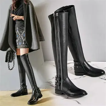 

NAYIDUYUN New Thigh High Boots Women Black Genuine Leather Over The Knee High Riding Booties Low Heel Tall Shaft Punk Oxfords