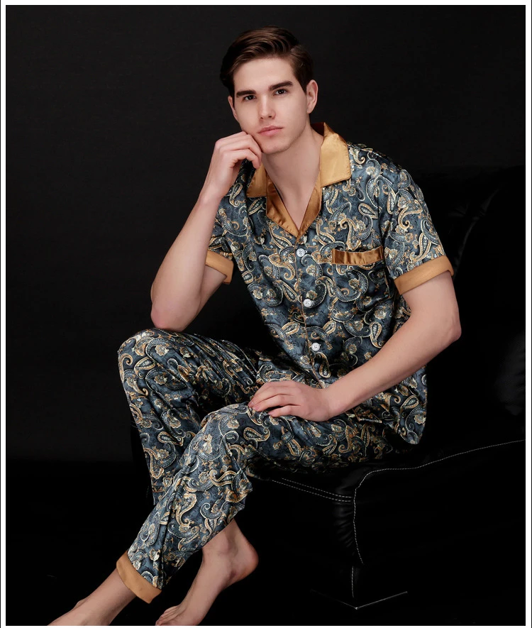 Мужские Популярные стильные шелковые весенне-летние брюки с принтом дракона и коротким рукавом Домашняя одежда пижамные комплекты из двух